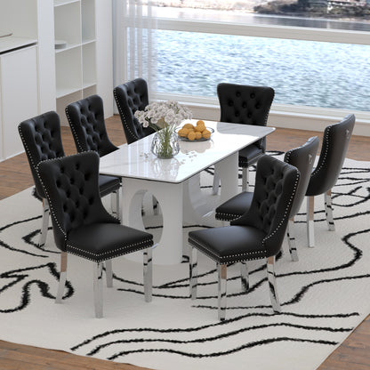 Sumdeal 71" Black base White Sintered Stone Dining Table with Velvet Upholstered Chairs Set of 4,Set of 6,Set of 8