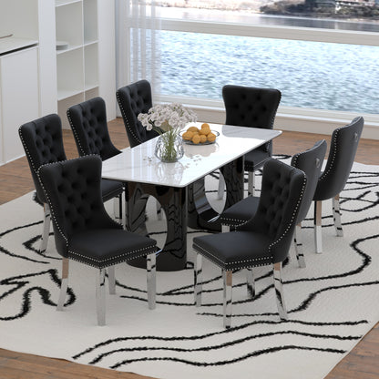 Sumdeal 71" Black base White Sintered Stone Dining Table with Velvet Upholstered Chairs Set of 4,Set of 6,Set of 8
