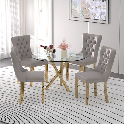 Sumdeal Modern 47" Round Glass Dining Table and 4 Velvet Upholstered Chair Set,Cylindrical table legs
