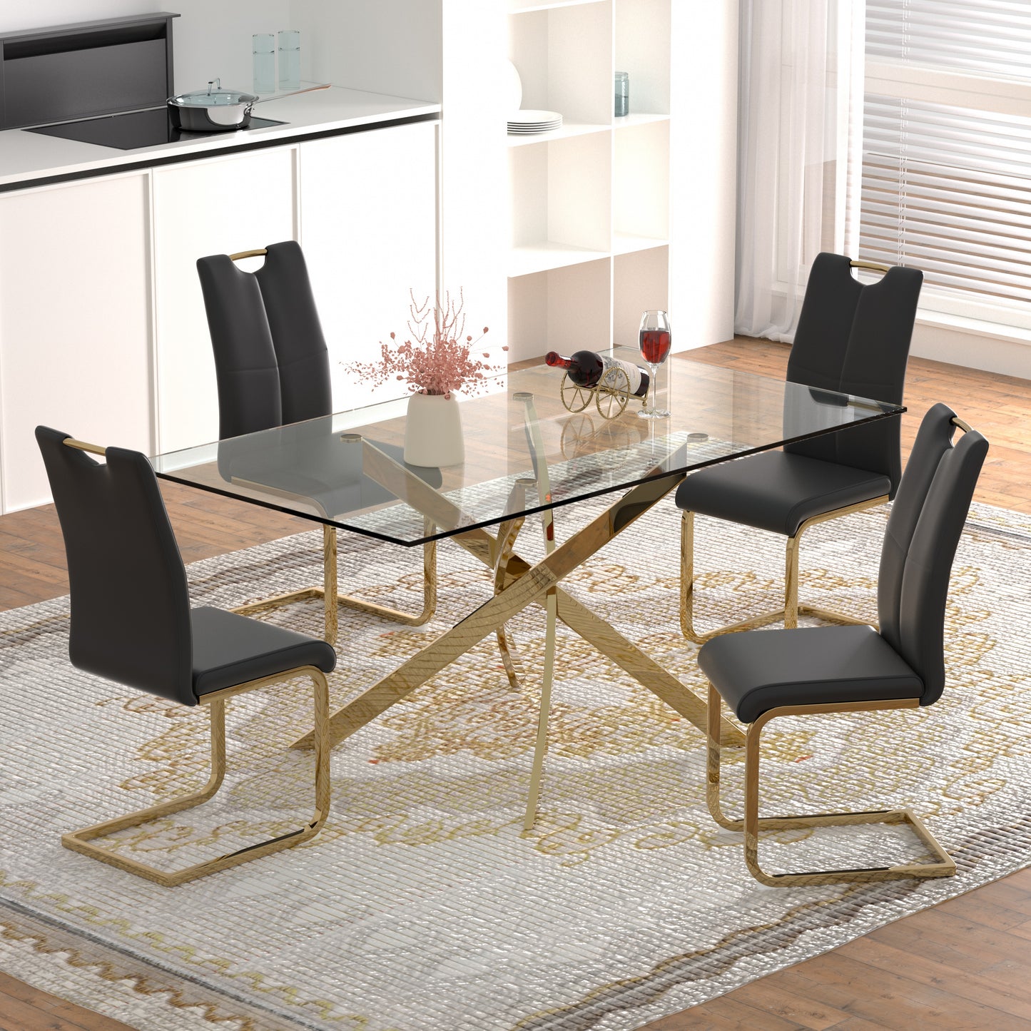 Sumdeal 63" Glass Dining Table Set for 6,Silver Base Dining Room Table with 6 Silver Leg C Shape Chairs
