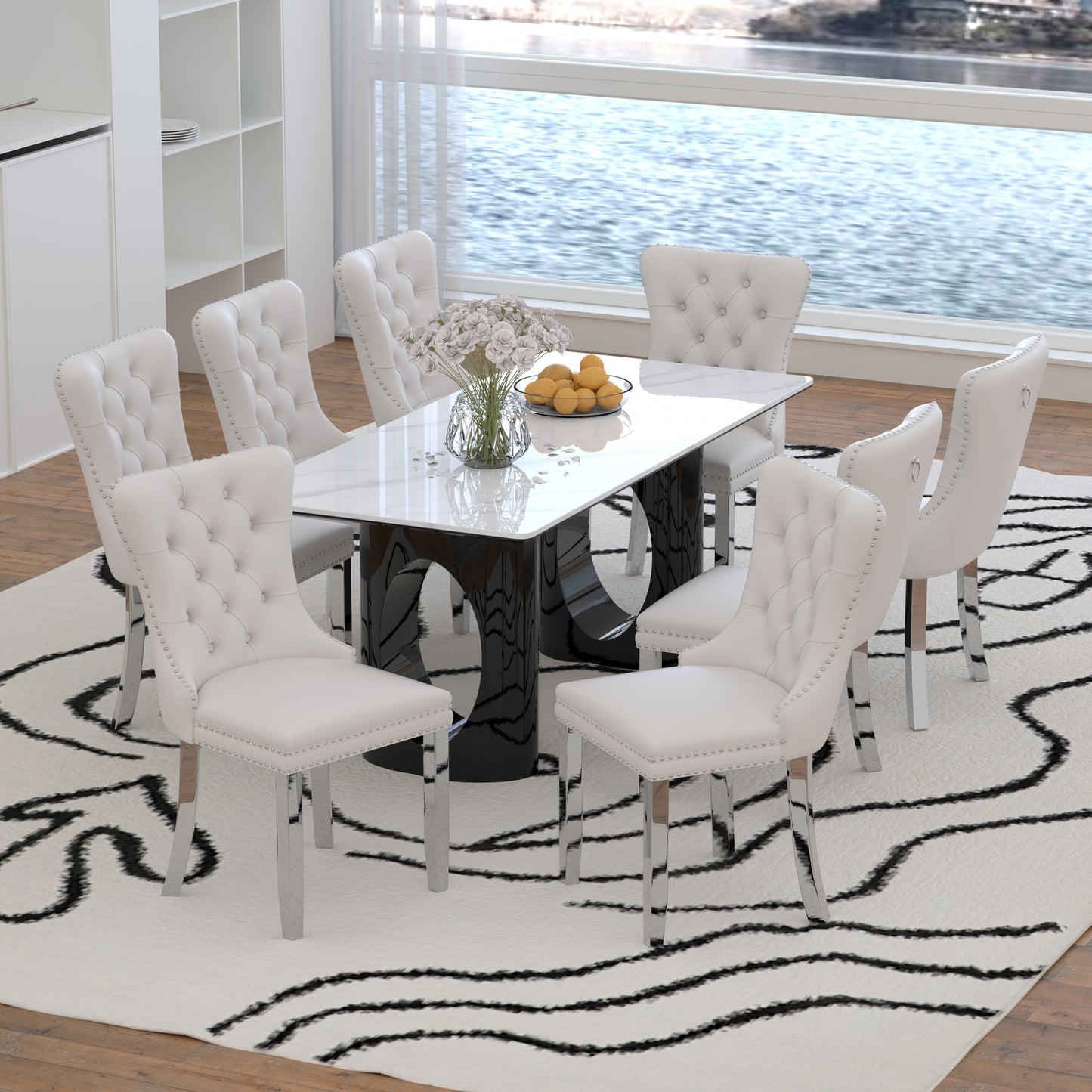 Sumdeal 71" Black base White Sintered Stone Dining Table with Velvet Upholstered Chairs Set of 4,Set of 6,Set of 8