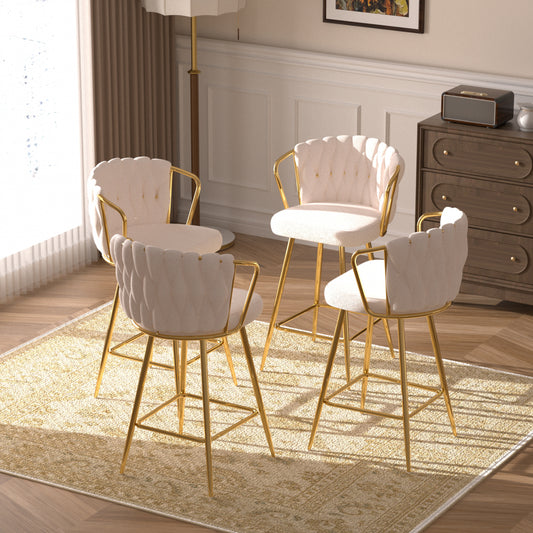 Sumdeal Modern Design High Stool Set of 2/Set of 4 - Gold Plated Legs, Linen Bar Chairs for Kitchen, Dining, Cafe, Bar, Restaurant,White/Gray