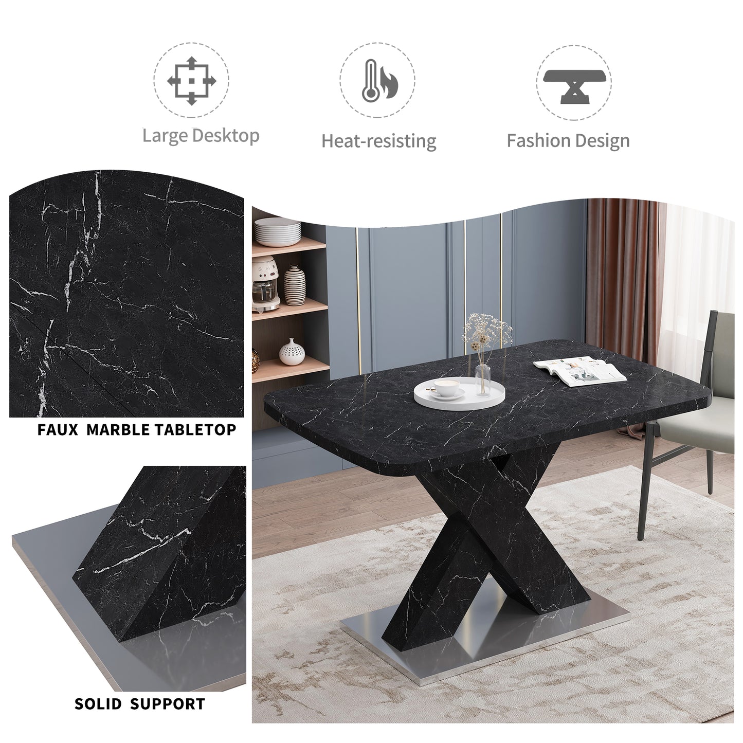 Sumdeal White Modern Dining Stretchable Function, Marble Top, MDF X-Shape Table Leg and Metal Base, 62.99"