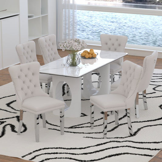 Sumdeal 71" Black base White Sintered Stone Dining Table with Velvet Upholstered Chairs Set of 4,Set of 6,Set of 8