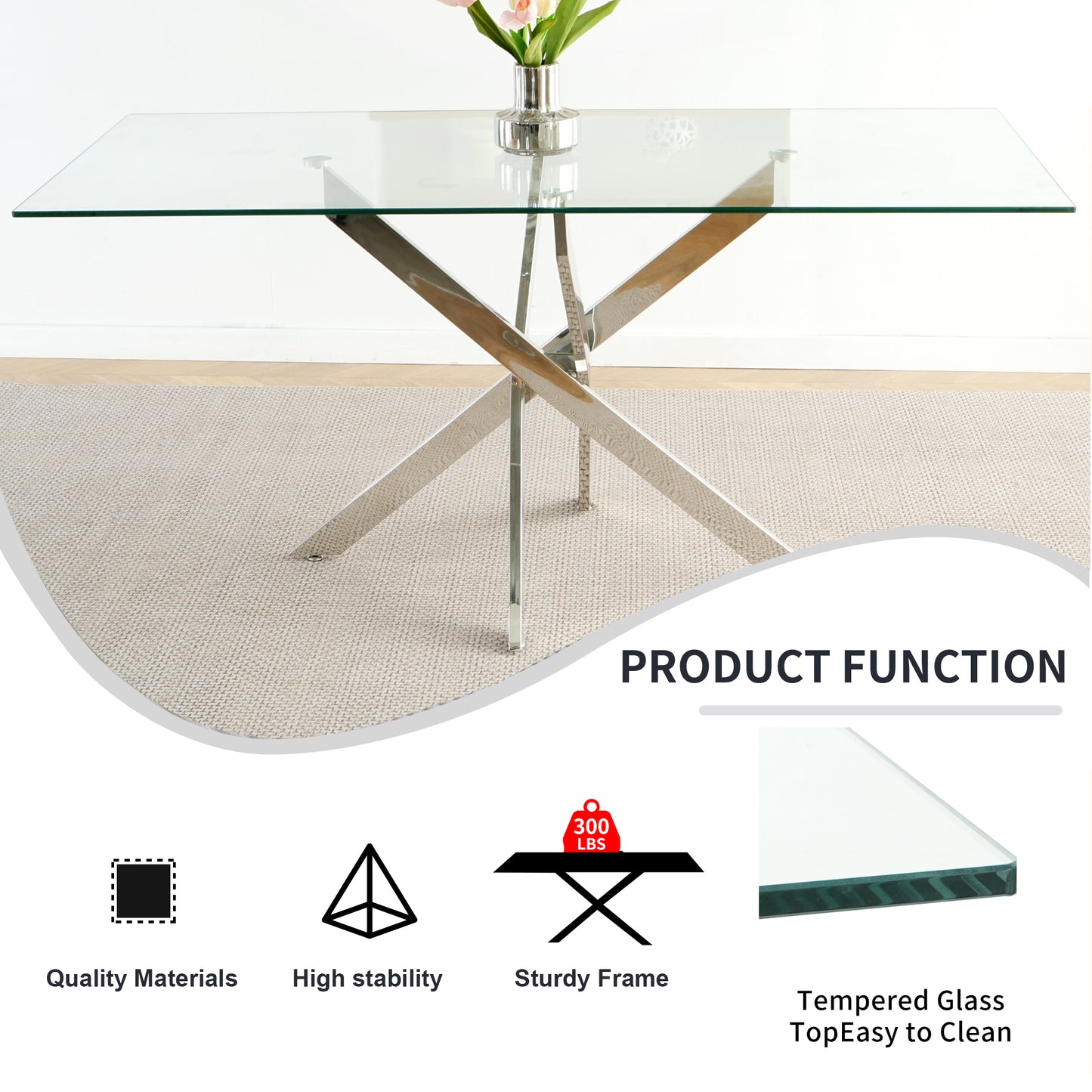 Sumdeal 63" Modern Glass Dining Table Room Sets for 6,Glass Dining Table with Velvet Dining Chairs