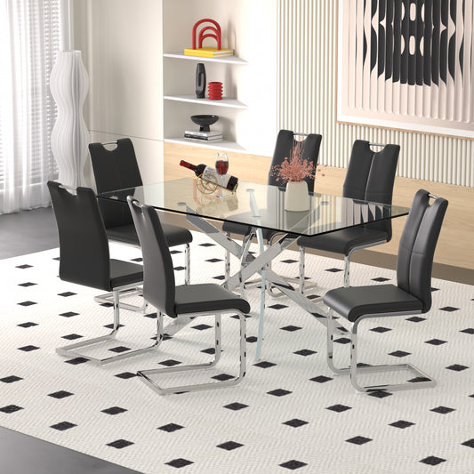 Sumdeal 63" Glass Dining Table Set for 6,Silver Base Dining Room Table with 6 Silver Leg C Shape Chairs