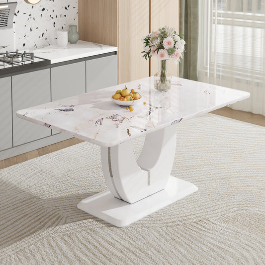 Sumdeal 63" Long Dining Table for 4-6 Modern Faux Marble Dining Table with U-Shape Pedestal Base Mid-Century Rectangle Kitchen Dinner Table