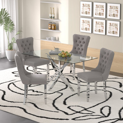 Sumdeal 63" Modern Glass Dining Table Room Sets for 6,Glass Dining Table with Velvet Dining Chairs