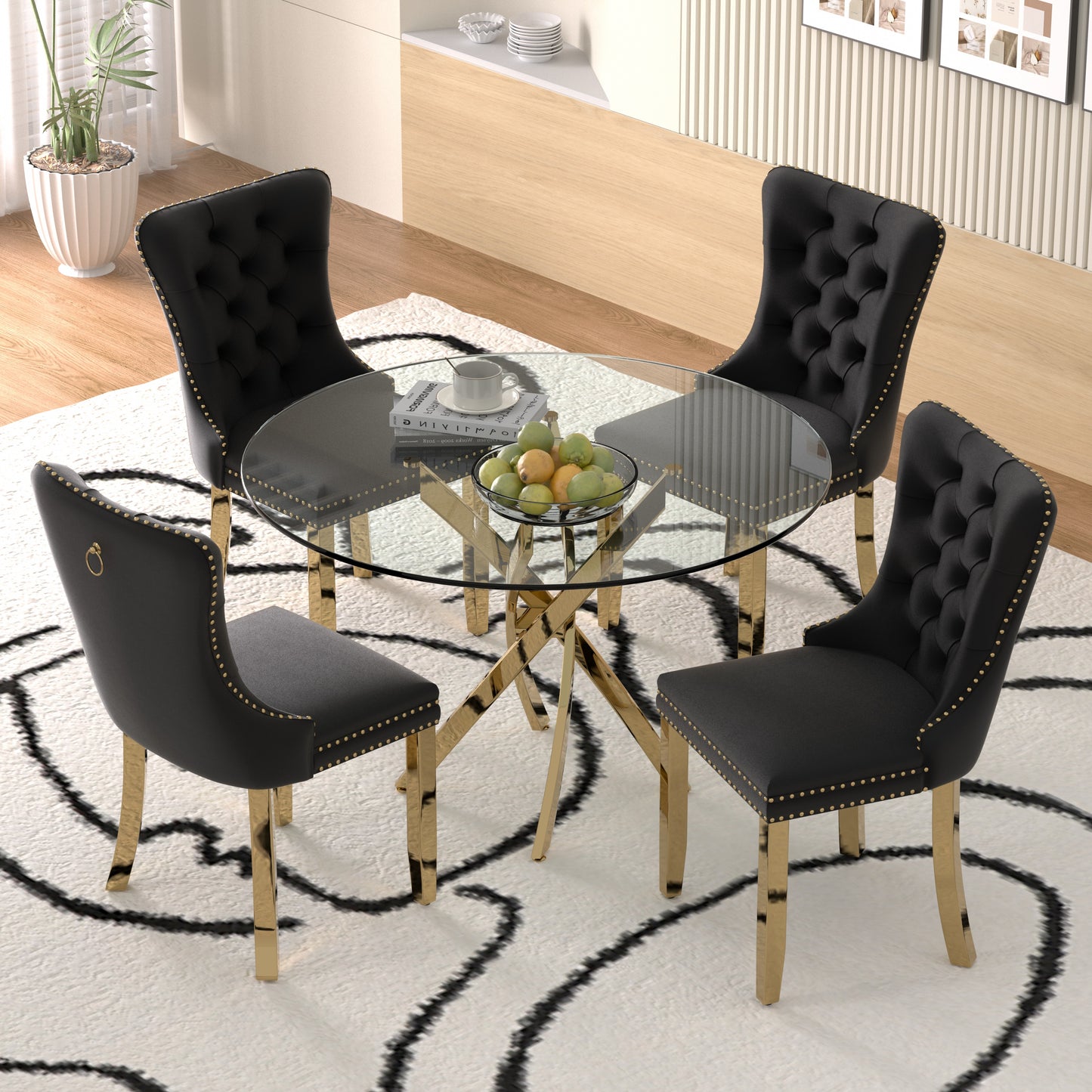 Sumdeal 47" Modern Round Glass Dining Table Room Sets for 4,Dining Table with 4 Velvet Dining Chairs