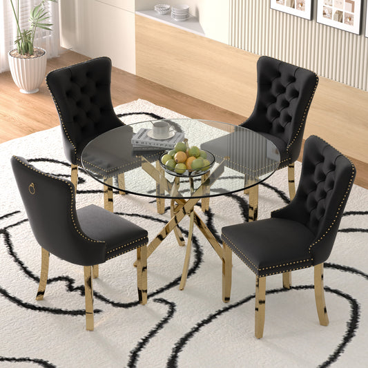 Sumdeal 47" Modern Round Glass Dining Table Room Sets for 4,Dining Table with 4 Velvet Dining Chairs