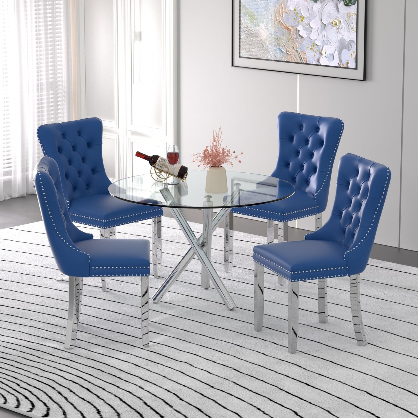 Sumdeal Modern 47" Round Glass Dining Table and 4 Velvet Upholstered Chair Set,Cylindrical table legs
