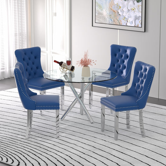 Sumdeal Modern 47" Round Glass Dining Table and 4 Velvet Upholstered Chair Set,Cylindrical table legs
