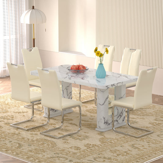 Sumdeal Modern 64.5 Inch Marble Textured Dining Table with 4/6 Faux Leather Upholstered Chairs - Elegant Kitchen and Dining Room Set