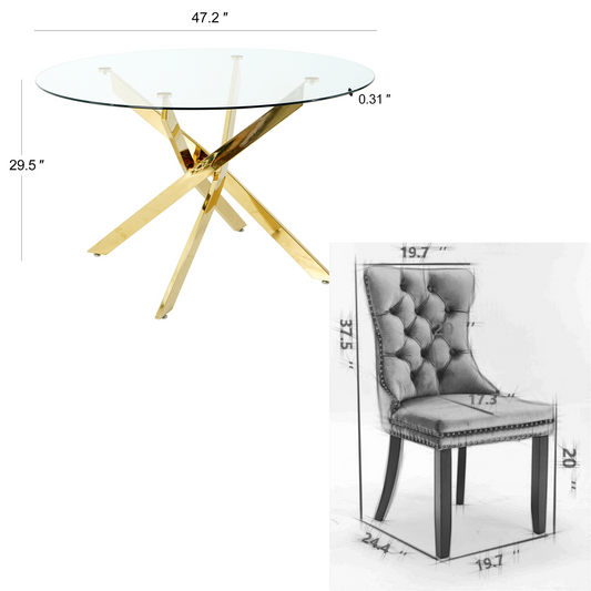 Sumdeal 47" Modern Round Glass Dining Table Room Sets for 4,Dining Table with 4 Velvet Dining Chairs