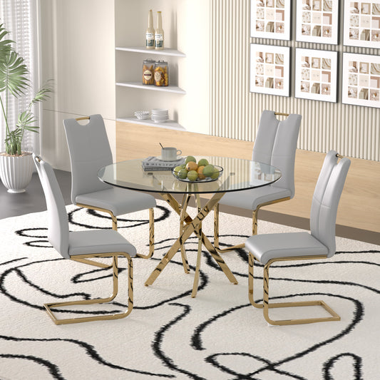 Sumdeal 47" Modern Round Glass Dining Table Room Sets for 4,Dining Table with 4 PU Leather Dining Chairs