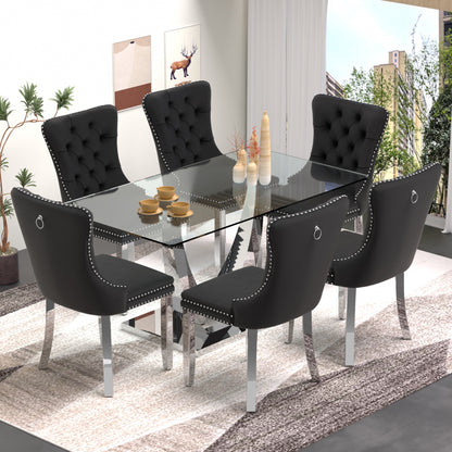 Sumdeal 63" Modern Tempered Glass Dining Room Set , Kitchen & Dining Room Glass Table with Velvet Dining Chairs,Glass Dining Table Set for 4,Glass Dining  Table sets for 6