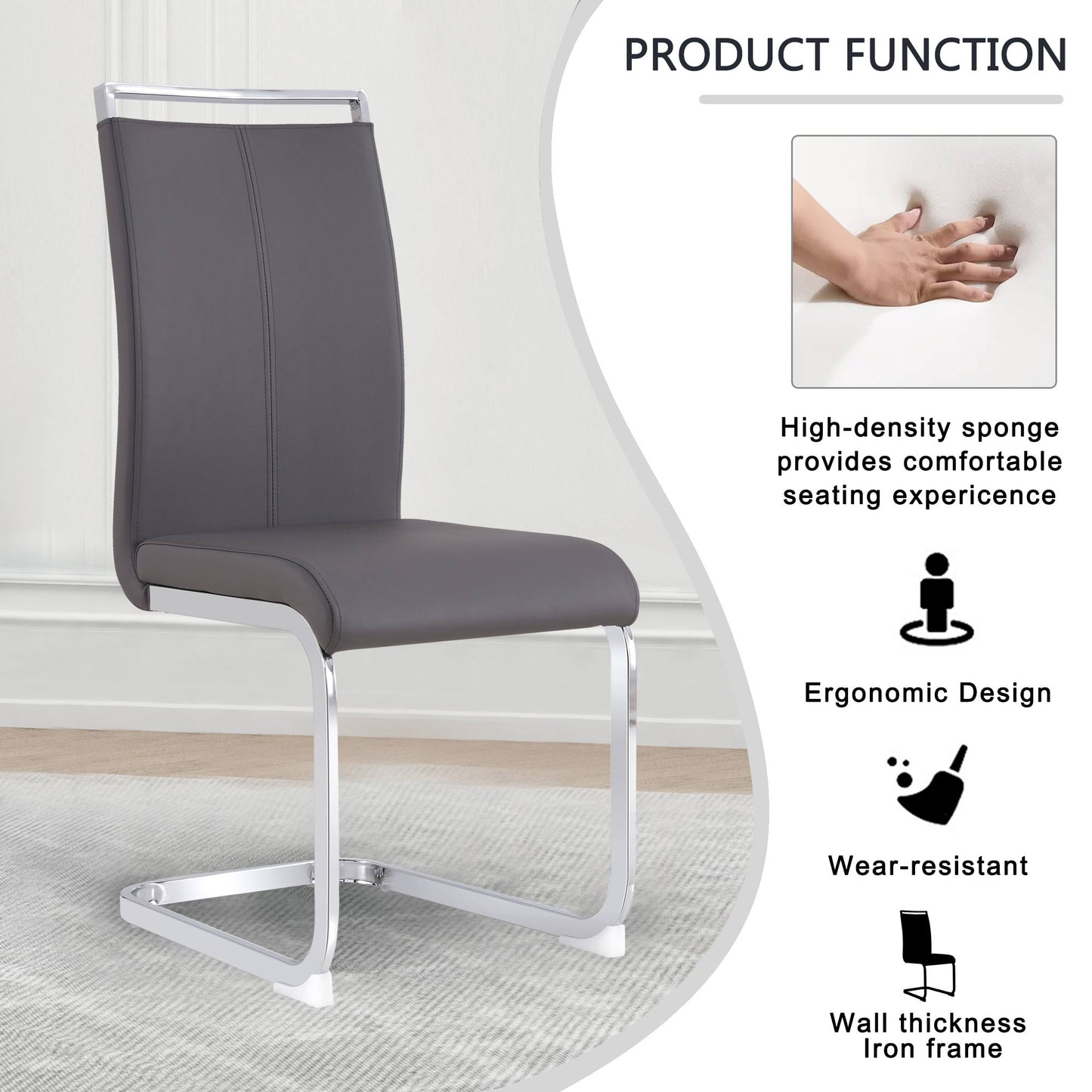 Sumdeal Modern C-shape Metal Leg Dining Chairs Set of 4,Modern Dining Chairs with Metal frame leg with High Density Sponge Leather,Dining Chairs with Silver Leg for Dining Room,Kitchen,Living Room