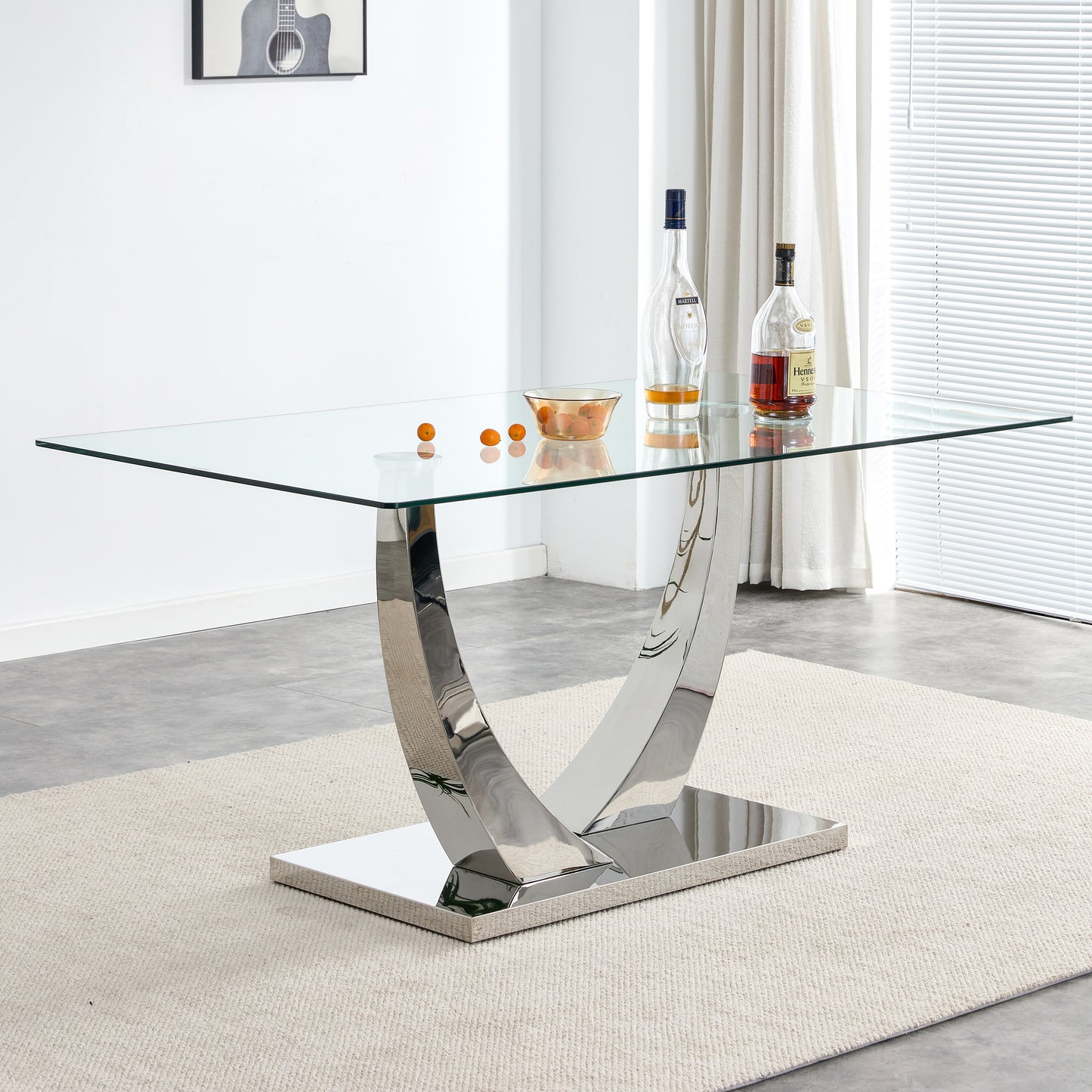 Sumdeal 63" Modern Tempered Glass Dining Table, Kitchen & Dining Room Glass Tables with U-Shape Stainless Steel Base, Clear Glass Dining Pedestal Table for4-6 people,