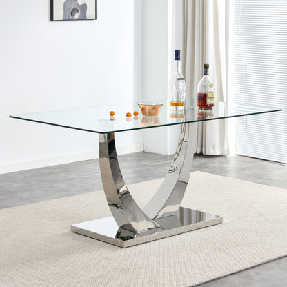 Sumdeal 63" Modern Tempered Glass Dining Table, Kitchen & Dining Room Glass Tables with U-Shape Stainless Steel Base, Clear Glass Dining Pedestal Table for4-6 people,