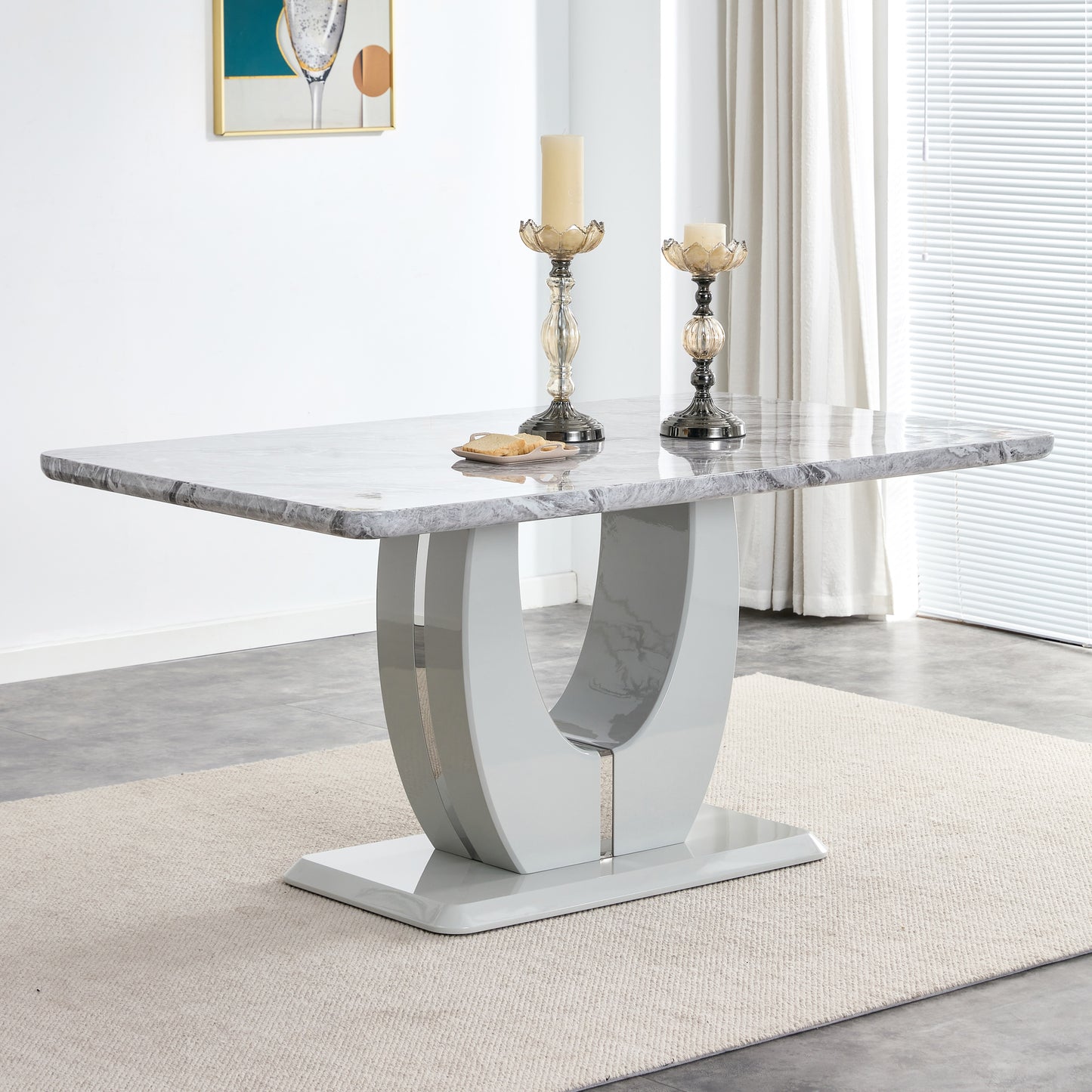 Sumdeal 63" Long Dining Table for 4-6 Modern Faux Marble Dining Table with U-Shape Pedestal Base Mid-Century Rectangle Kitchen Dinner Table