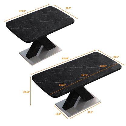Sumdeal White Modern Dining Stretchable Function, Marble Top, MDF X-Shape Table Leg and Metal Base, 62.99"