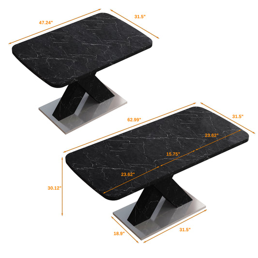 Sumdeal White Modern Dining Stretchable Function, Marble Top, MDF X-Shape Table Leg and Metal Base, 62.99"
