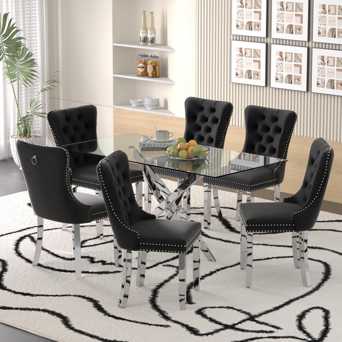 Sumdeal 63" Modern Glass Dining Table Room Sets for 6,Glass Dining Table with Velvet Dining Chairs
