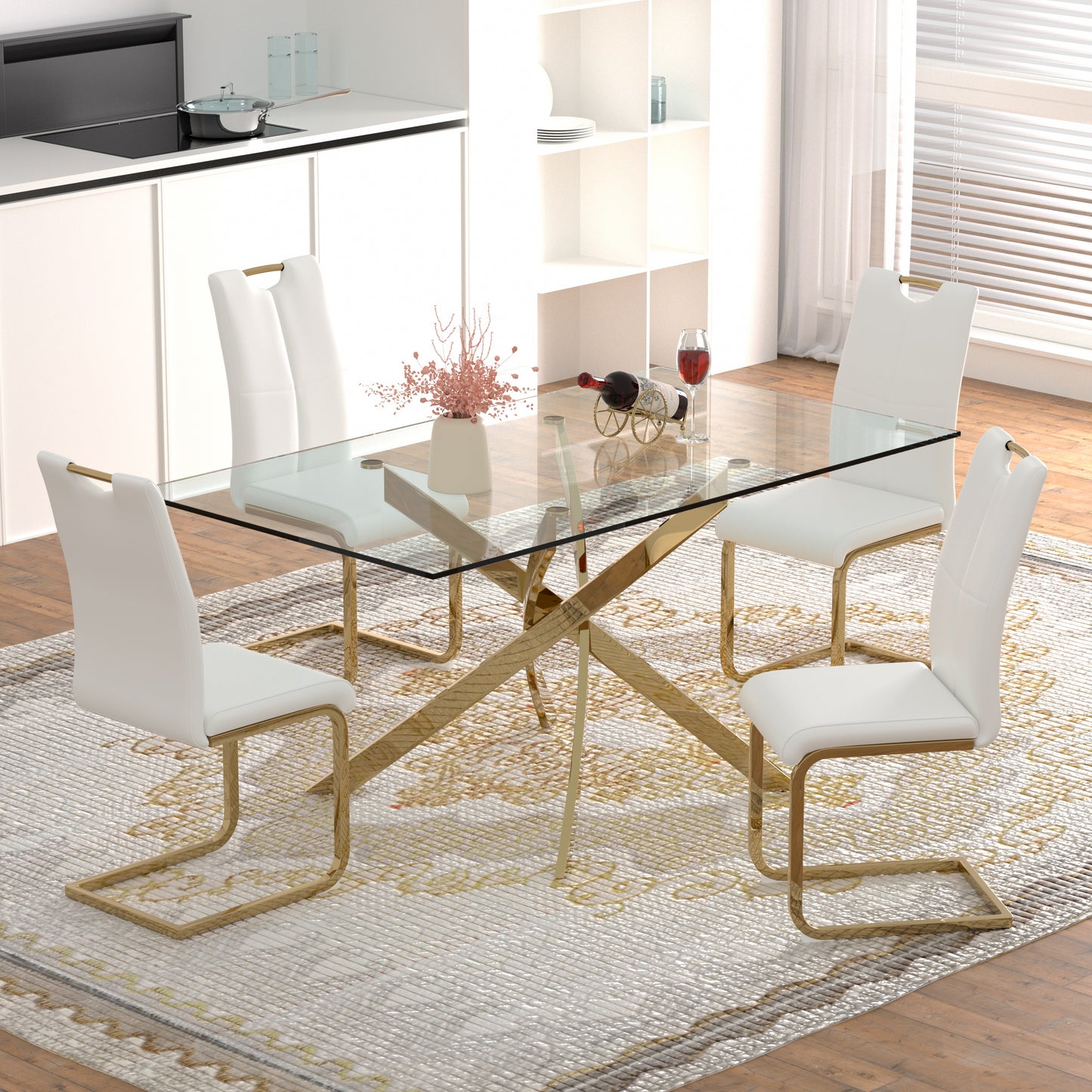 Sumdeal 63" Glass Dining Table Set for 6,Silver Base Dining Room Table with 6 Silver Leg C Shape Chairs