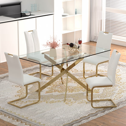 Sumdeal 63" Glass Dining Table Set for 6,Silver Base Dining Room Table with 6 Silver Leg C Shape Chairs