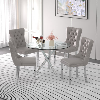 Sumdeal Modern 47" Round Glass Dining Table and 4 Velvet Upholstered Chair Set,Cylindrical table legs