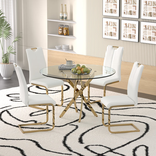 Sumdeal 47" Modern Round Glass Dining Table Room Sets for 4,Dining Table with 4 PU Leather Dining Chairs