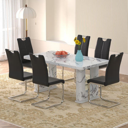 Sumdeal Modern 64.5 Inch Marble Textured Dining Table with 4/6 Faux Leather Upholstered Chairs - Elegant Kitchen and Dining Room Set