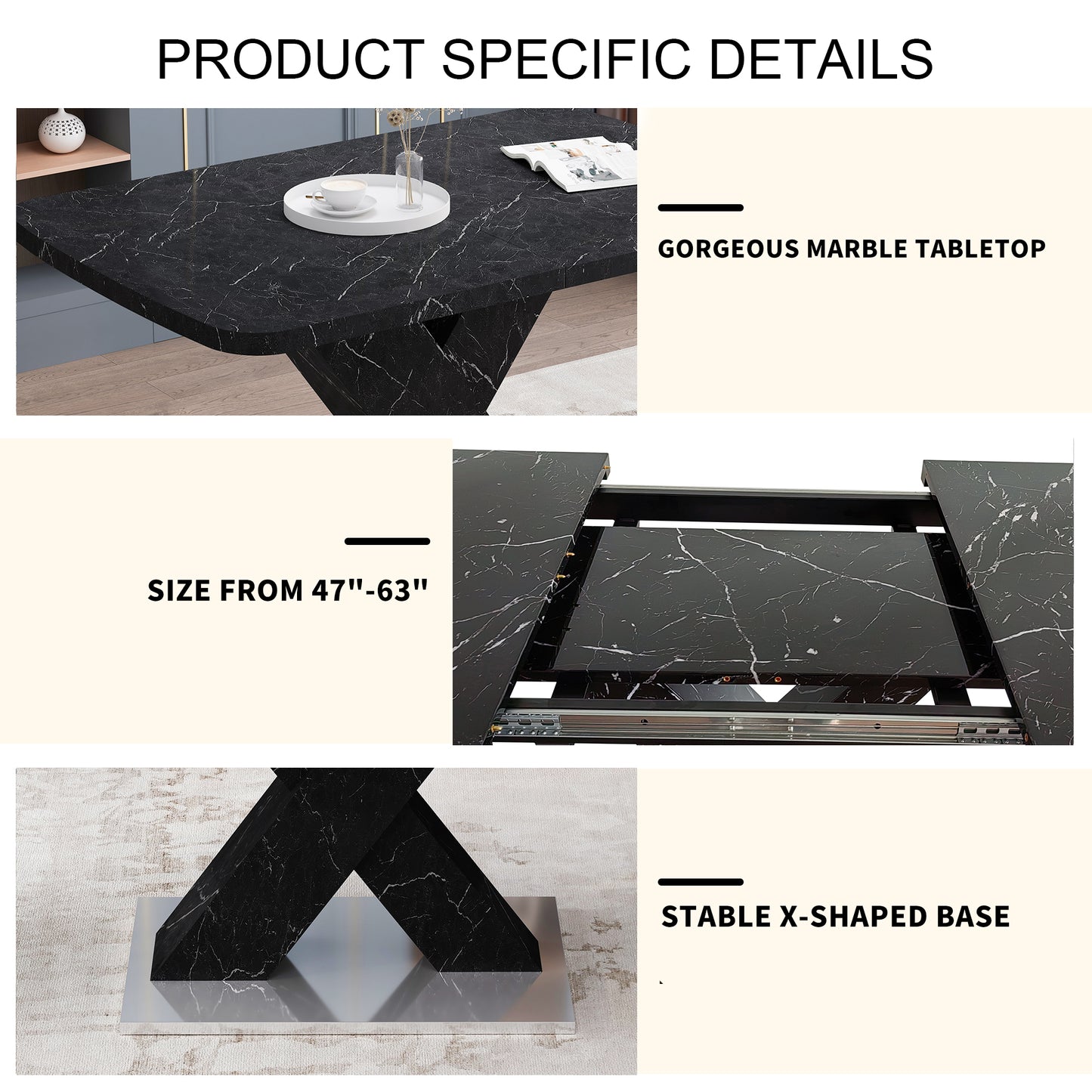 Sumdeal White Modern Dining Stretchable Function, Marble Top, MDF X-Shape Table Leg and Metal Base, 62.99"