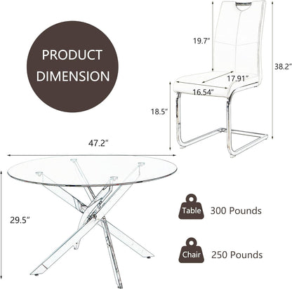 Sumdeal 47" Modern Round Glass Dining Table Room Sets for 4,Dining Table with 4 PU Leather Dining Chairs