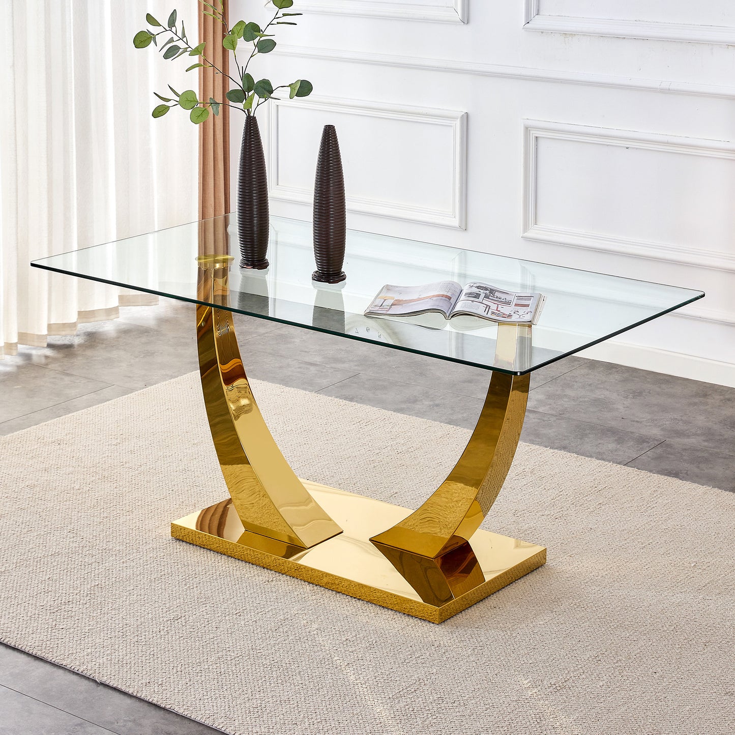 Sumdeal 63" Modern Tempered Glass Dining Table, Kitchen & Dining Room Glass Tables with U-Shape Stainless Steel Base, Clear Glass Dining Pedestal Table for4-6 people,