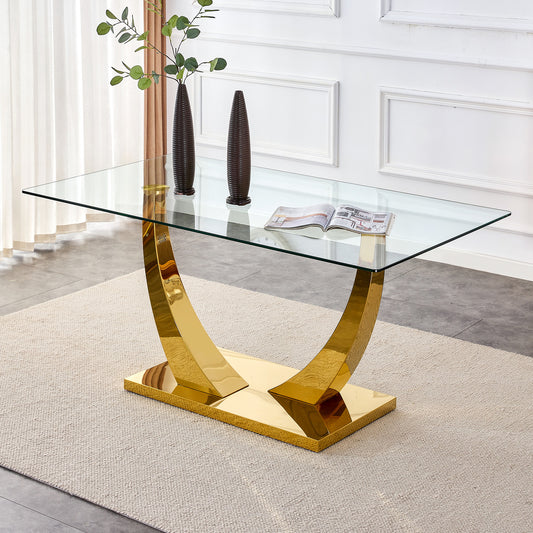 Sumdeal 63" Modern Tempered Glass Dining Table, Kitchen & Dining Room Glass Tables with U-Shape Stainless Steel Base, Clear Glass Dining Pedestal Table for4-6 people,
