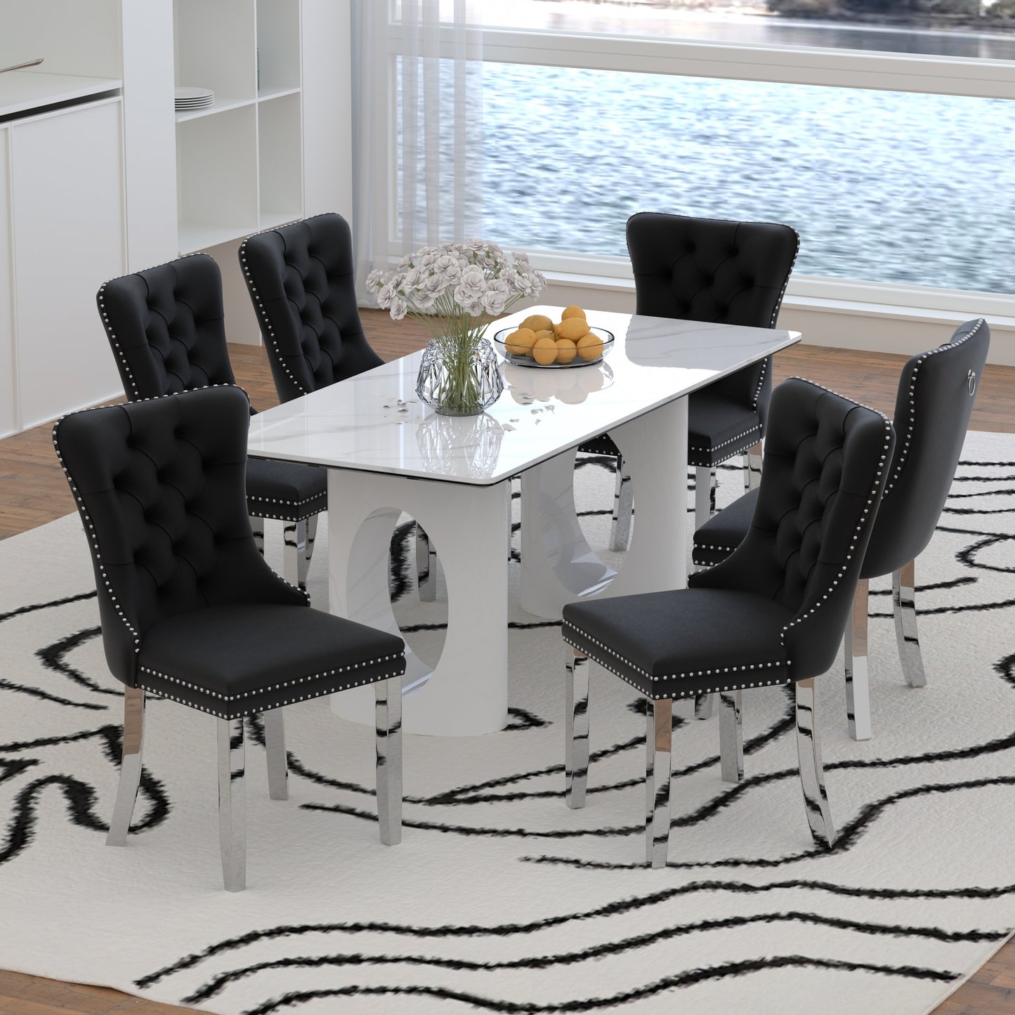 Sumdeal 71" Black base White Sintered Stone Dining Table with Velvet Upholstered Chairs Set of 4,Set of 6,Set of 8