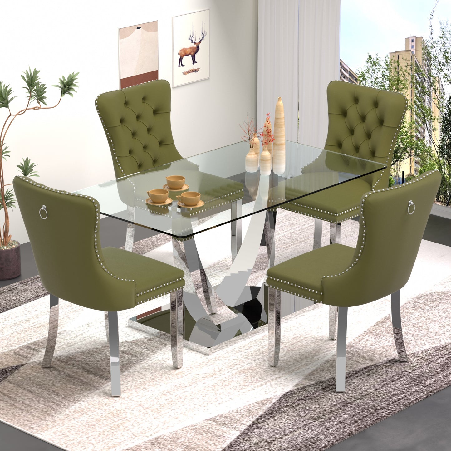 Sumdeal 63" Modern Tempered Glass Dining Room Set , Kitchen & Dining Room Glass Table with Velvet Dining Chairs,Glass Dining Table Set for 4,Glass Dining  Table sets for 6