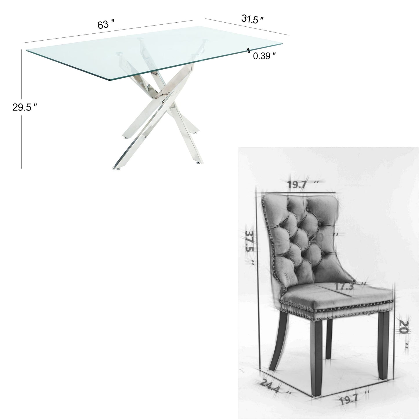 Sumdeal 63" Modern Glass Dining Table Room Sets for 6,Glass Dining Table with Velvet Dining Chairs