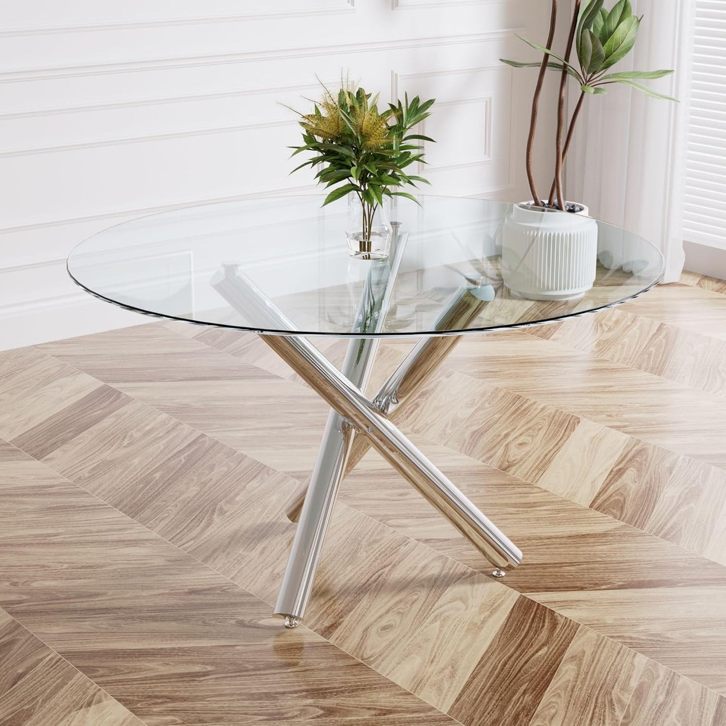 Sumdeal Modern 47" Round Glass Dining Table with Cylindrical legs