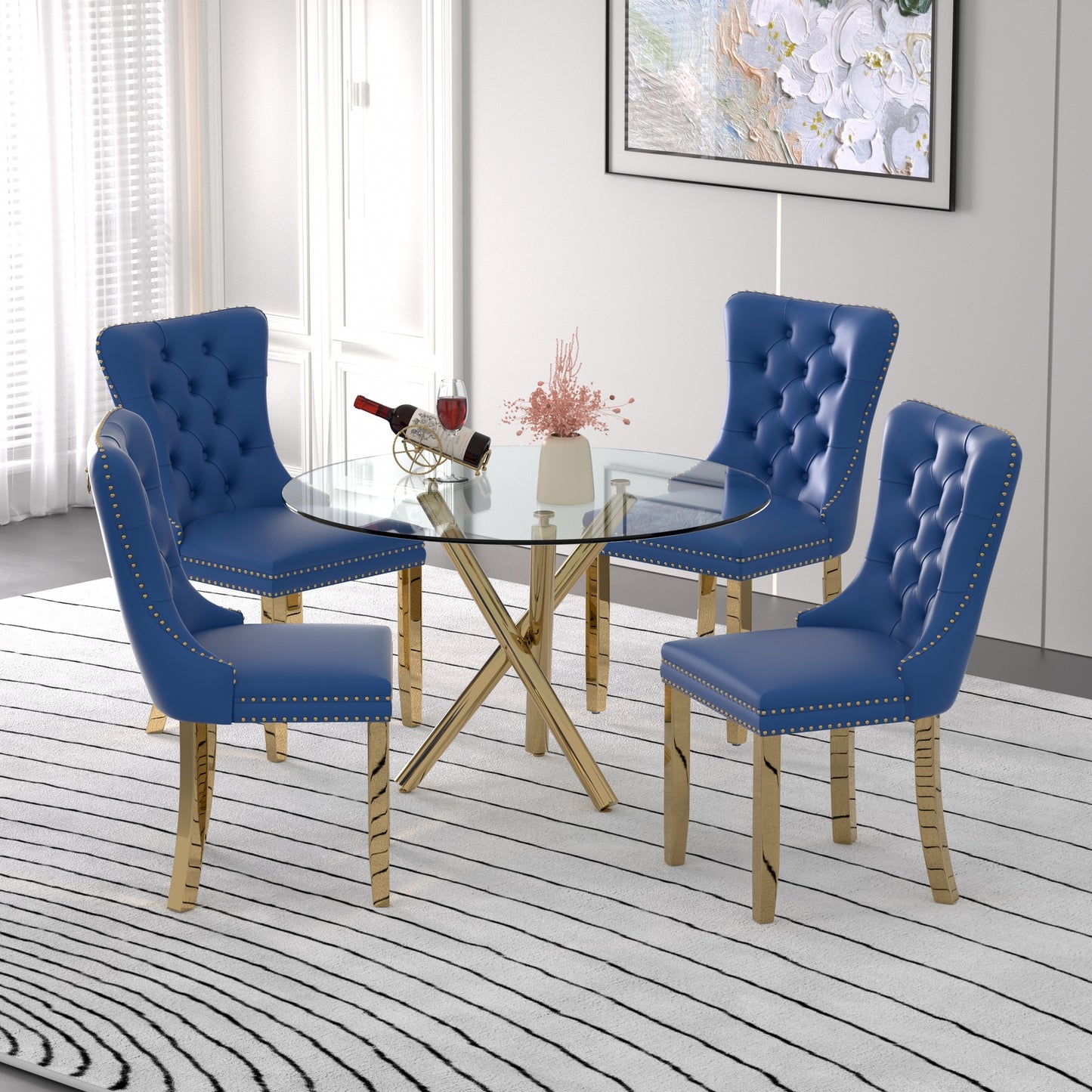 Sumdeal Modern 47" Round Glass Dining Table and 4 Velvet Upholstered Chair Set,Cylindrical table legs