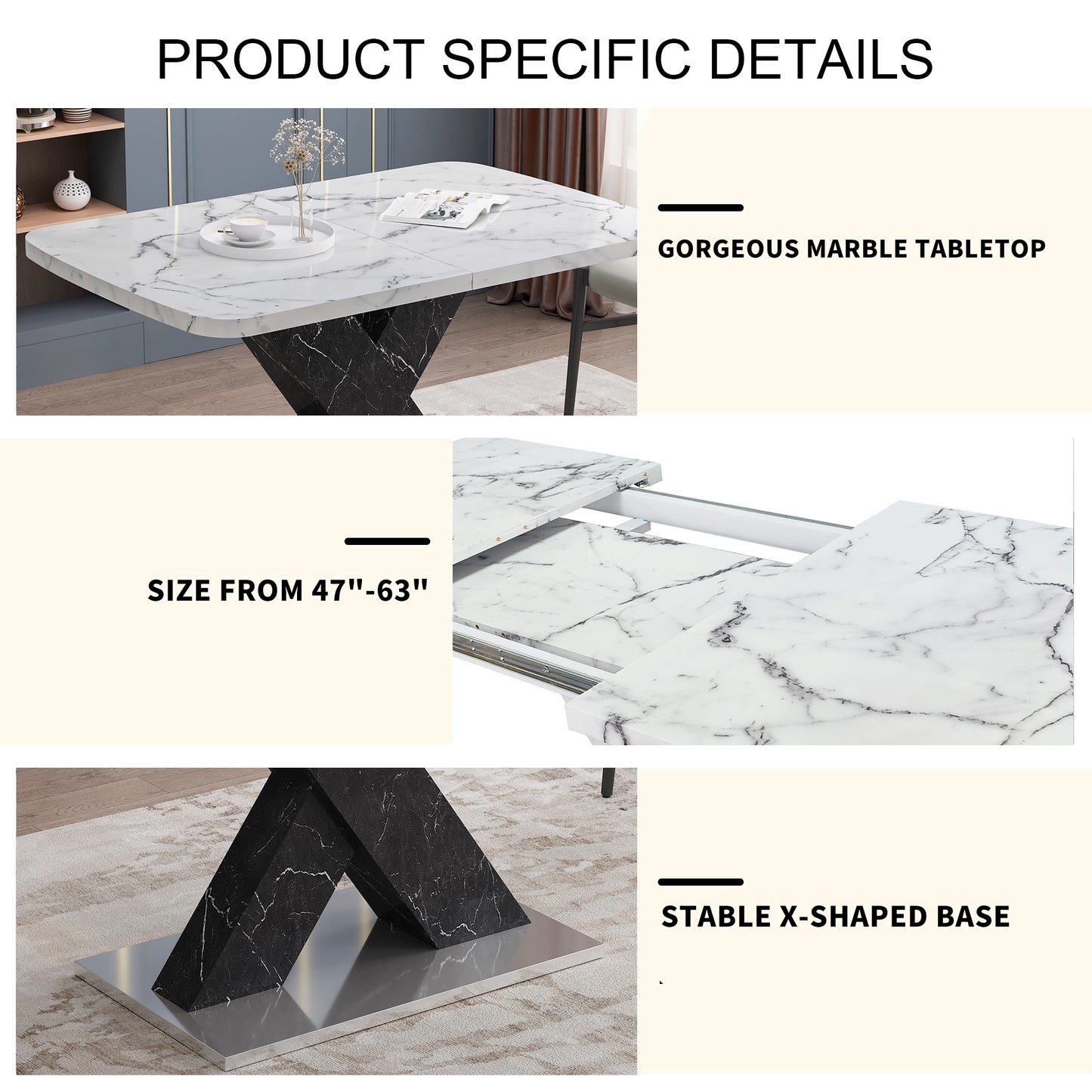 Sumdeal White Modern Dining Stretchable Function, Marble Top, MDF X-Shape Table Leg and Metal Base, 62.99"