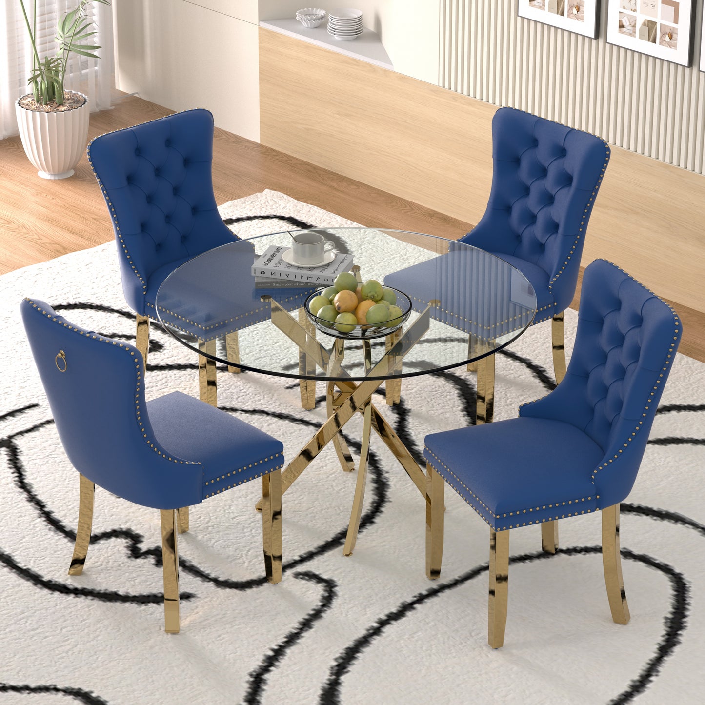 Sumdeal 47" Modern Round Glass Dining Table Room Sets for 4,Dining Table with 4 Velvet Dining Chairs
