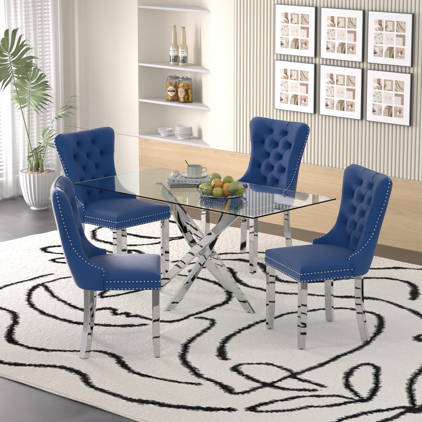 Sumdeal 63" Modern Glass Dining Table Room Sets for 6,Glass Dining Table with Velvet Dining Chairs