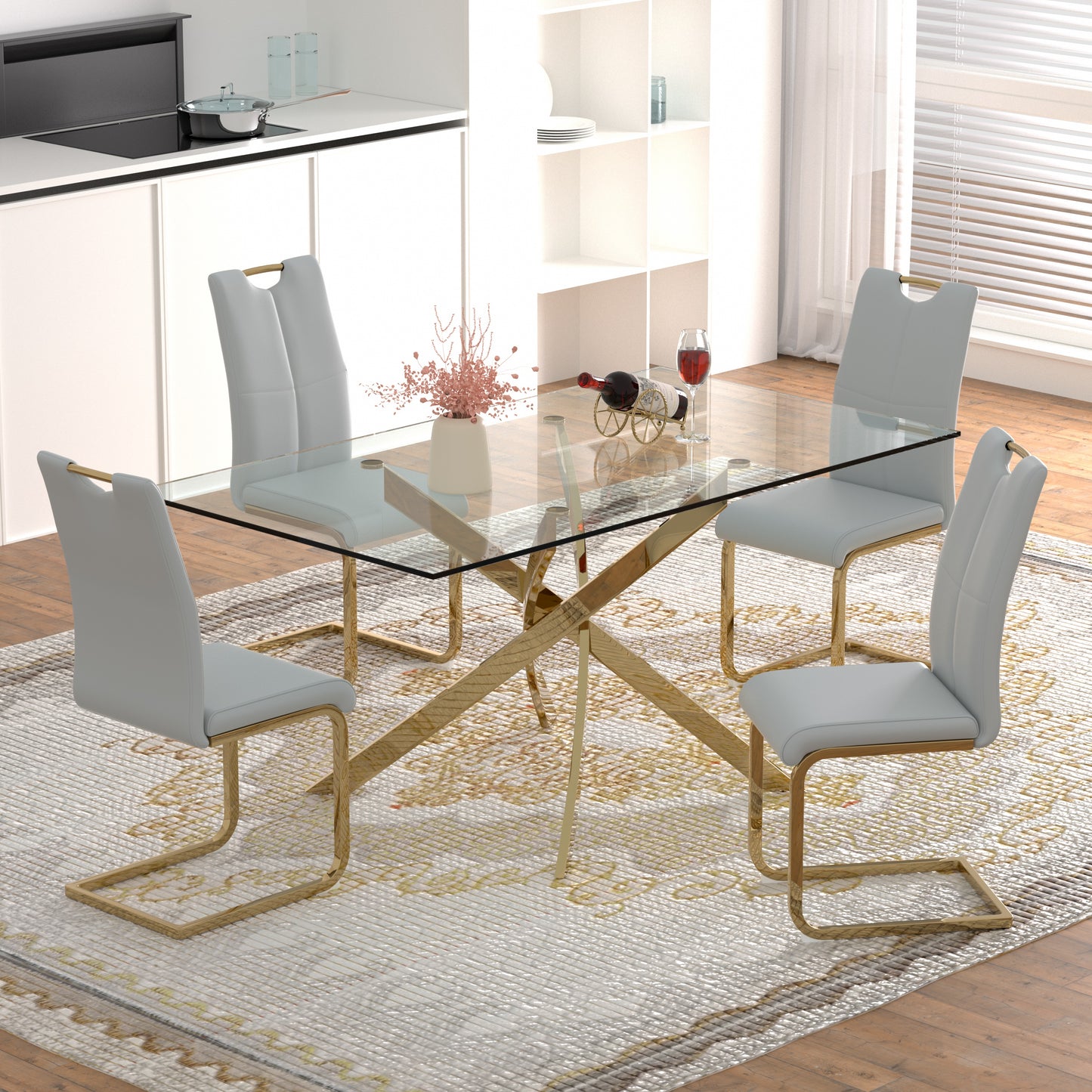 Sumdeal 63" Glass Dining Table Set for 6,Silver Base Dining Room Table with 6 Silver Leg C Shape Chairs