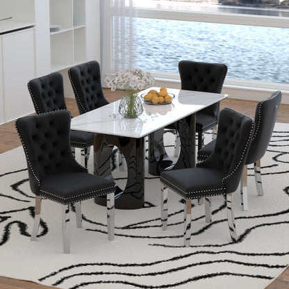Sumdeal 71" Black base White Sintered Stone Dining Table with Velvet Upholstered Chairs Set of 4,Set of 6,Set of 8