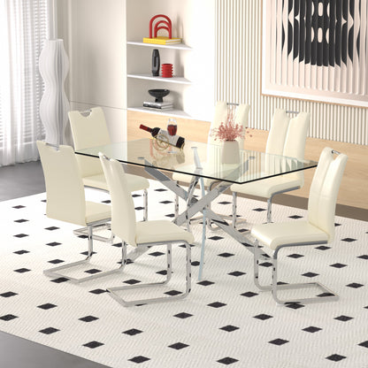 Sumdeal 63" Glass Dining Table Set for 6,Silver Base Dining Room Table with 6 Silver Leg C Shape Chairs
