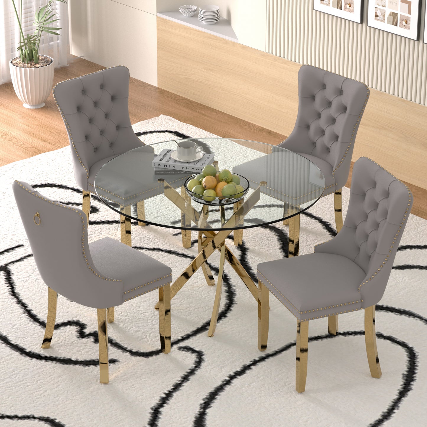 Sumdeal 47" Modern Round Glass Dining Table Room Sets for 4,Dining Table with 4 Velvet Dining Chairs