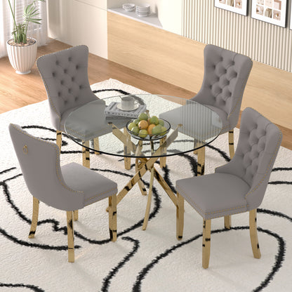 Sumdeal 47" Modern Round Glass Dining Table Room Sets for 4,Dining Table with 4 Velvet Dining Chairs