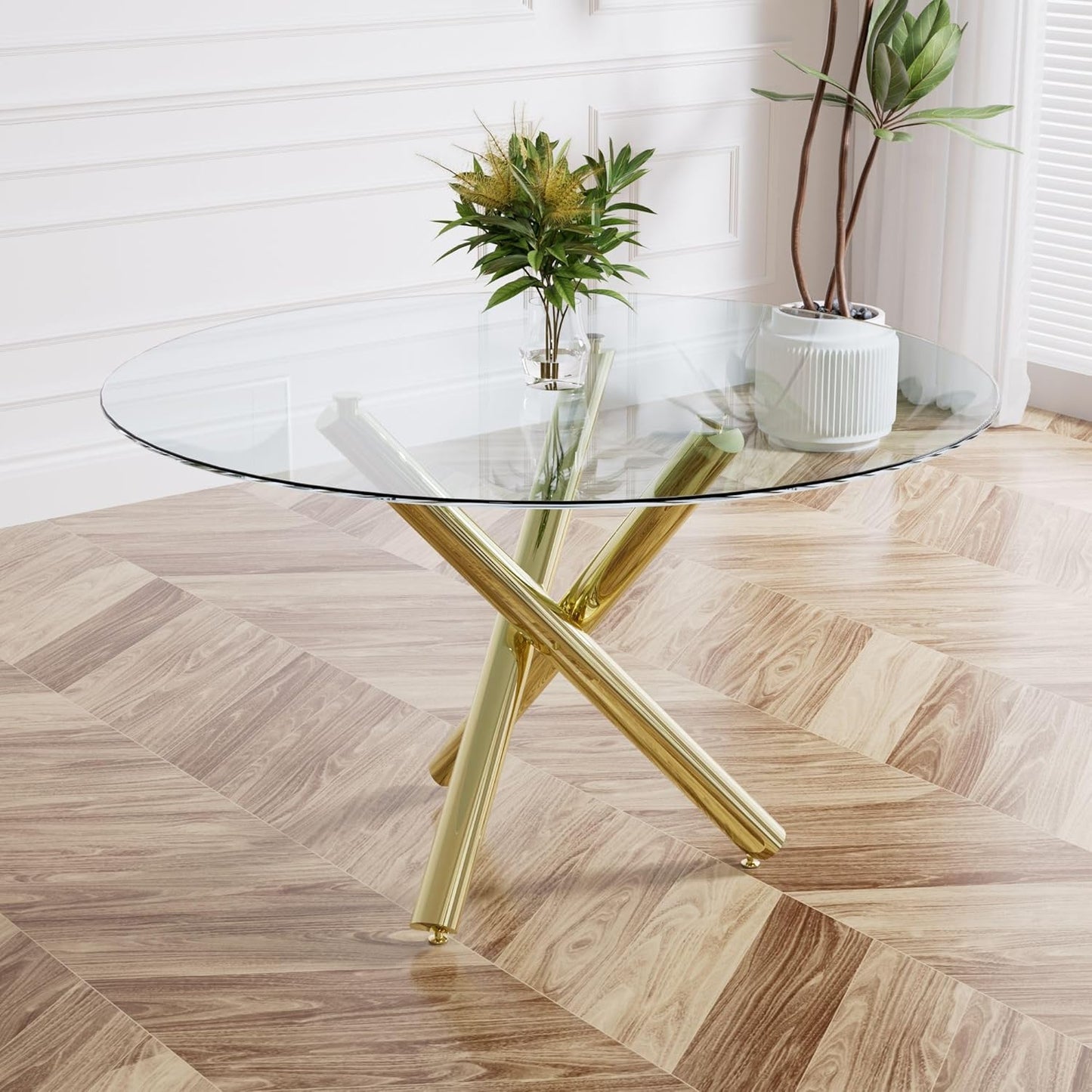 Sumdeal Modern 47" Round Glass Dining Table with Cylindrical legs